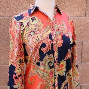 Lauren Ralph Lauren Women's Paisley Button Up Shirt 3/4 Sleeve Cotton Blouse M